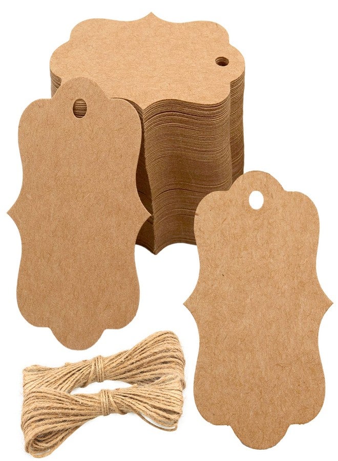 joycraft 100Pcs Brown Paper Tags, 2.7x2 inch Blank Paper Tags with String, Scalloped Price Hangtags, Blank Gift Hanging Labels for Gift Wrapping, Wedding, Merchandise, DIY Craft, Party Favor - Image 1