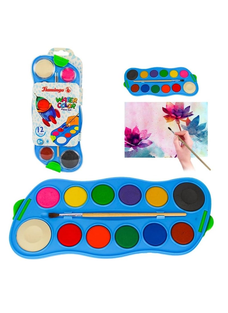 FLAMINGO Kids Watercolor Paint Set – 12-Color Drawing Kit with Brushes | Non-Toxic Art Supplies for Children’s Creativity & Imagination | Creative Painting Kit for Toddlers & Preschoolers | Beginner Watercolor Set for Kids  - Image 1