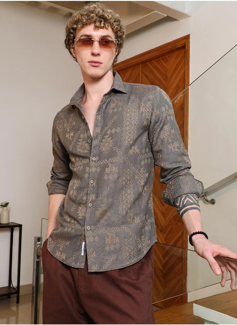كامبوس سوترا Men's Grey Ethnic Motif Full Sleeve Shirt