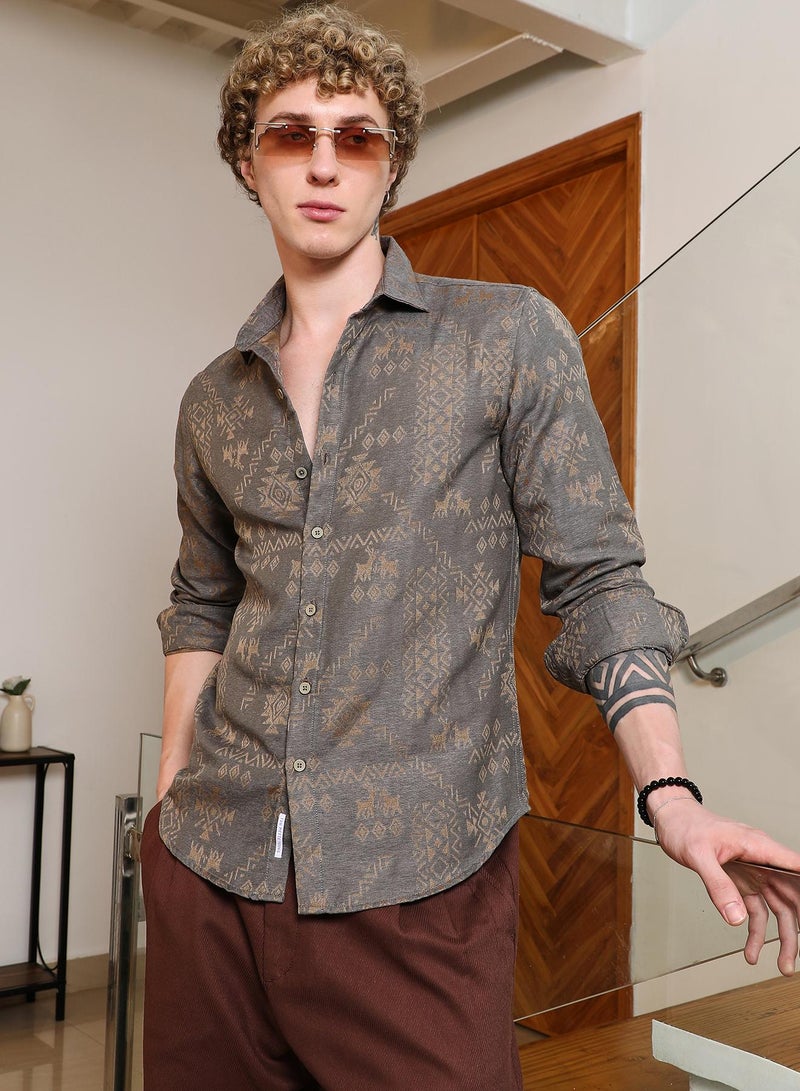 Campus Sutra Men's Grey Ethnic Motif Full Sleeve Shirt  - Image 1