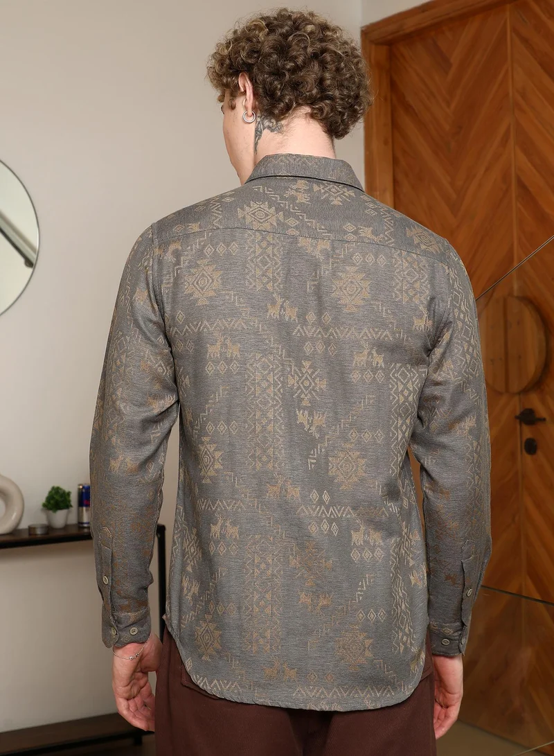 Campus Sutra Men's Grey Ethnic Motif Full Sleeve Shirt
