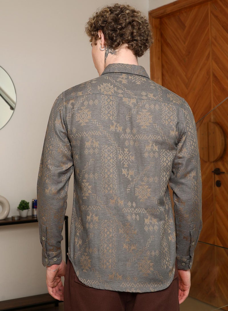 Campus Sutra Men's Grey Ethnic Motif Full Sleeve Shirt  - Image 5