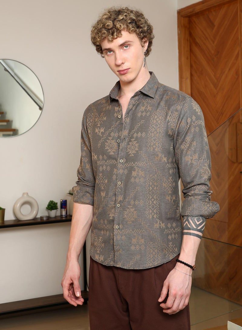 Campus Sutra Men's Grey Ethnic Motif Full Sleeve Shirt  - Image 3