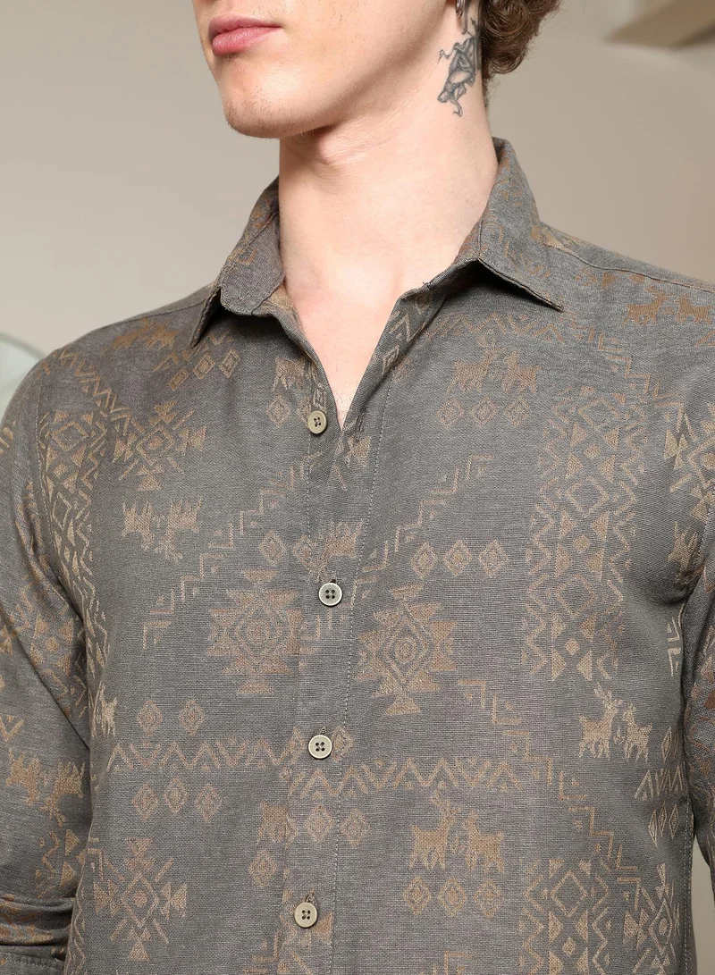 Campus Sutra Men's Grey Ethnic Motif Full Sleeve Shirt