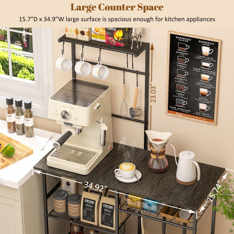 3IngSeagulls Baker's Rack for Kitchen with Storage, Microwave Stand with Adjustable Shelves, Kitchen Stand with 10 S Hooks, 6-Tier Coffee Bar Station, Storage Shelves for Spices, Pots, Gray - Image 4