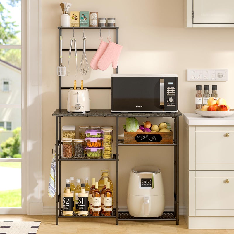 3IngSeagulls Baker's Rack for Kitchen with Storage, Microwave Stand with Adjustable Shelves, Kitchen Stand with 10 S Hooks, 6-Tier Coffee Bar Station, Storage Shelves for Spices, Pots, Gray - Image 3