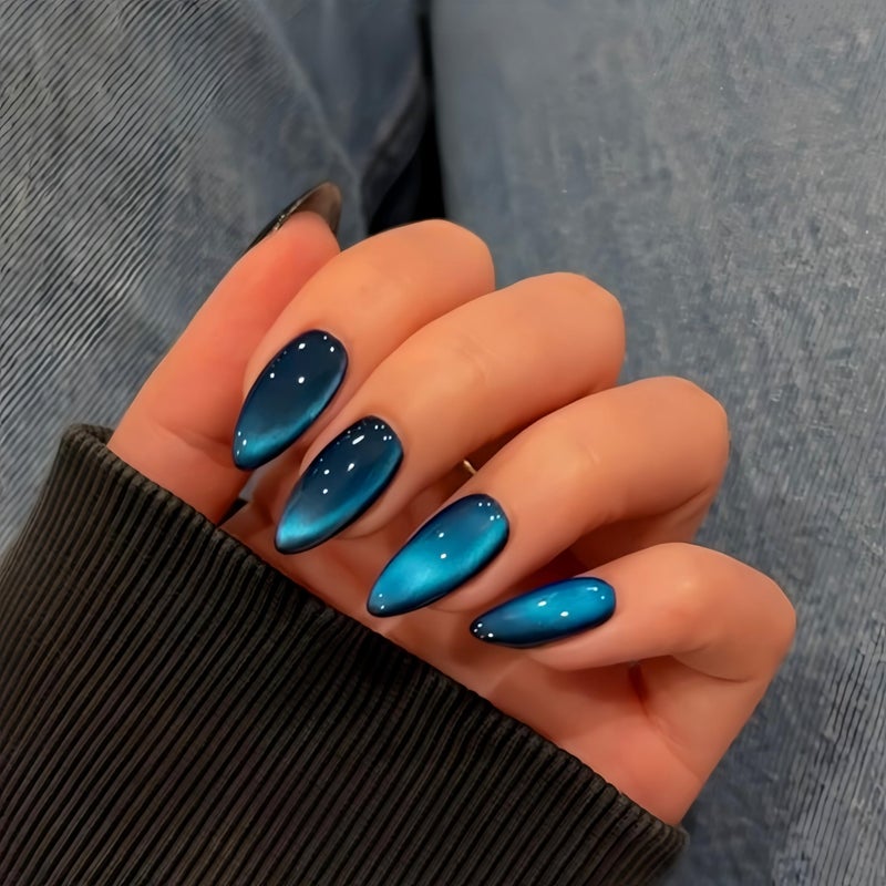 KQueenest Cat Eye Press on Nails Almond, Glitter Dark Blue Fake Nails Medium, Sparkly Nails Press on, Shiny Acrylic Nails, Cute Bling Black Glue on Nails Stick on Nails for Women Small Hand, 30 Pcs - Image 1