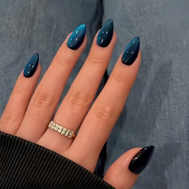 KQueenest Cat Eye Press on Nails Almond, Glitter Dark Blue Fake Nails Medium, Sparkly Nails Press on, Shiny Acrylic Nails, Cute Bling Black Glue on Nails Stick on Nails for Women Small Hand, 30 Pcs - Image 2