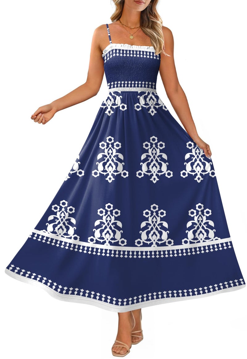 OFEEFAN Boho Maxi Dress Spaghetti Strap Spring Sundresses for Women with Pockets Summer Outfits Navy Blue Totem L - Image 2