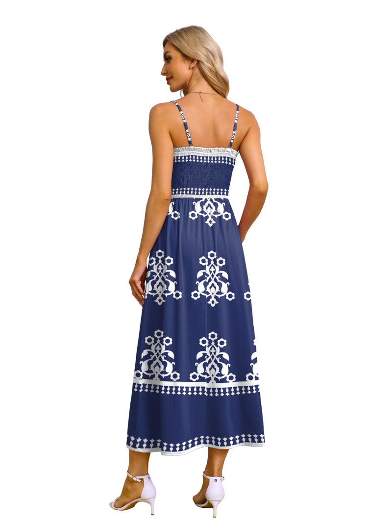 OFEEFAN Boho Maxi Dress Spaghetti Strap Spring Sundresses for Women with Pockets Summer Outfits Navy Blue Totem L - Image 5