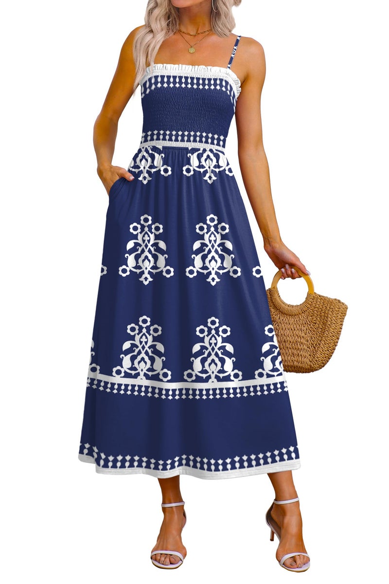 OFEEFAN Boho Maxi Dress Spaghetti Strap Spring Sundresses for Women with Pockets Summer Outfits Navy Blue Totem L - Image 1