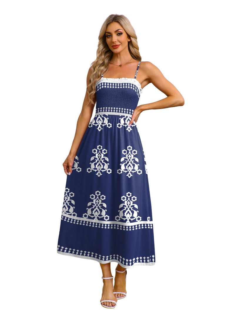 OFEEFAN Boho Maxi Dress Spaghetti Strap Spring Sundresses for Women with Pockets Summer Outfits Navy Blue Totem L - Image 4