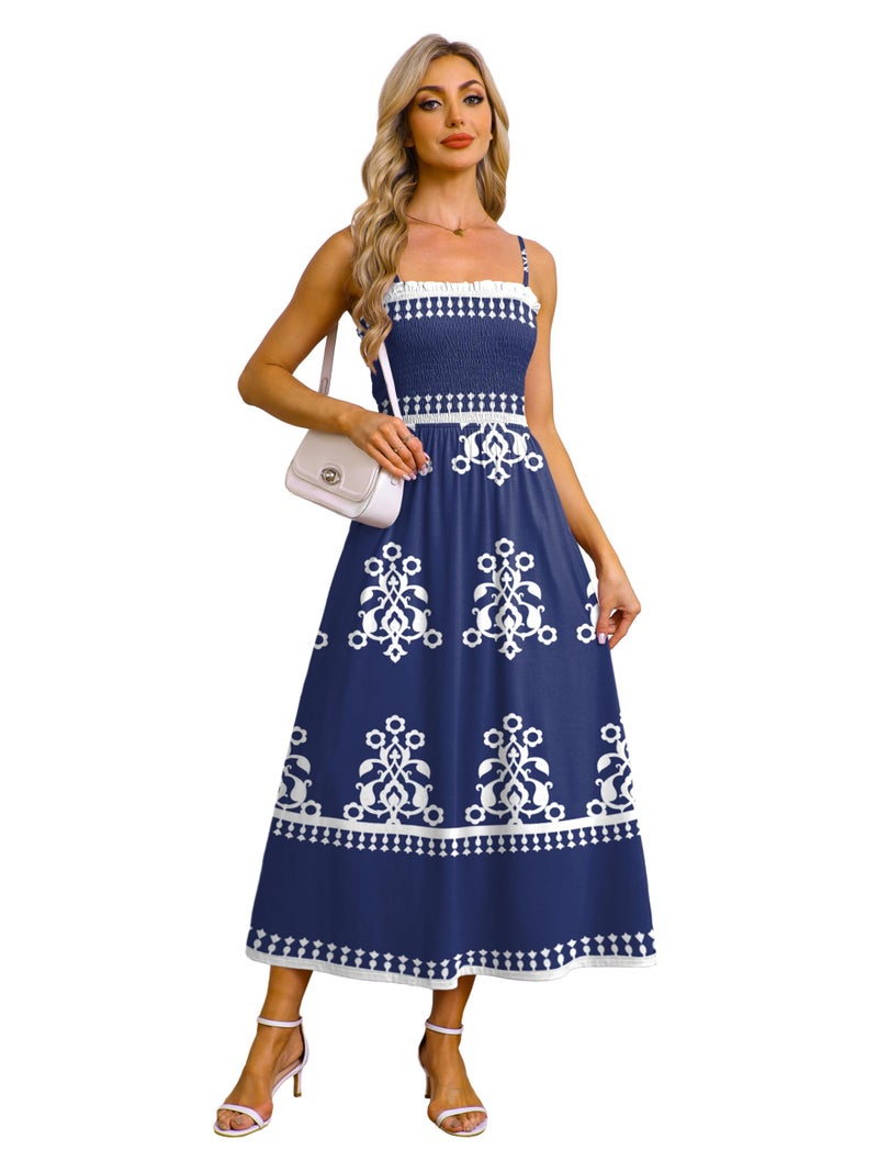 OFEEFAN Boho Maxi Dress Spaghetti Strap Spring Sundresses for Women with Pockets Summer Outfits Navy Blue Totem L - Image 3