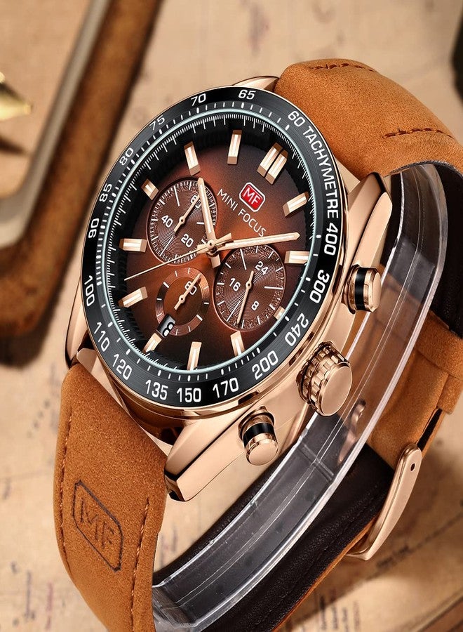 MF MINI FOCUS Men Watches Business Casual Wrist Watches (Multifunction/Waterproof/Luminous/Calendar) Genuine Leather Band Fashion Watch for Men, Brown-Golden, business casual fashion dress - Image 2