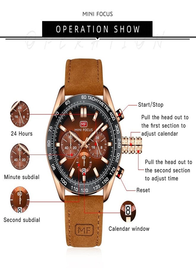 MF MINI FOCUS Men Watches Business Casual Wrist Watches (Multifunction/Waterproof/Luminous/Calendar) Genuine Leather Band Fashion Watch for Men, Brown-Golden, business casual fashion dress - Image 5