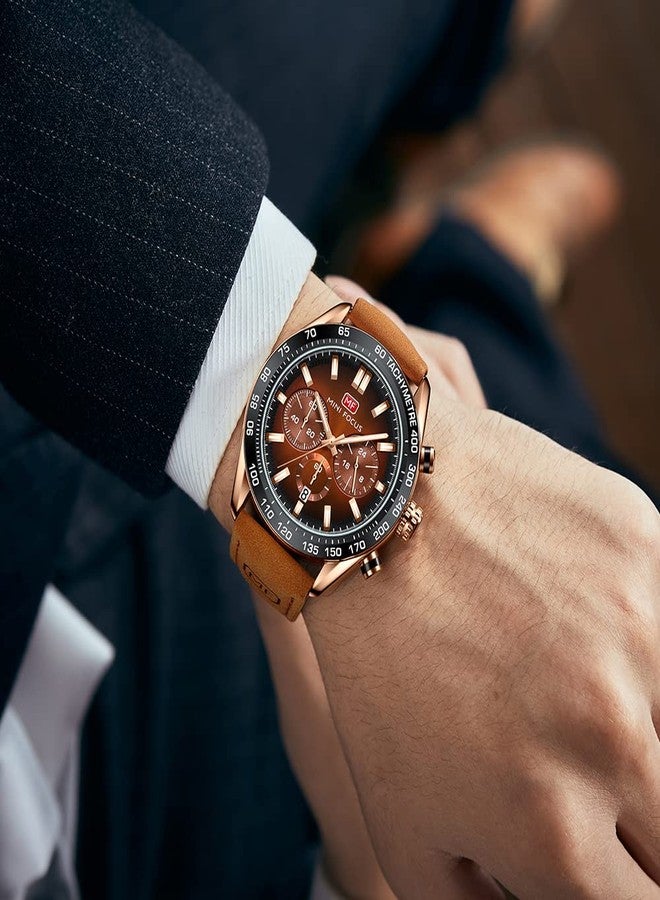 MF MINI FOCUS Men Watches Business Casual Wrist Watches (Multifunction/Waterproof/Luminous/Calendar) Genuine Leather Band Fashion Watch for Men, Brown-Golden, business casual fashion dress - Image 3