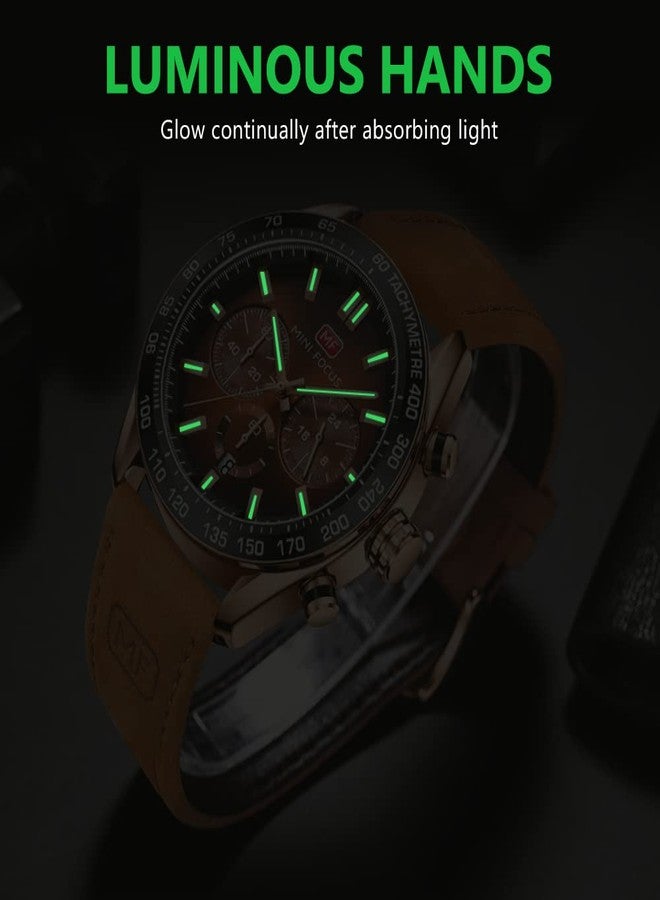 MF MINI FOCUS Men Watches Business Casual Wrist Watches (Multifunction/Waterproof/Luminous/Calendar) Genuine Leather Band Fashion Watch for Men, Brown-Golden, business casual fashion dress - Image 4
