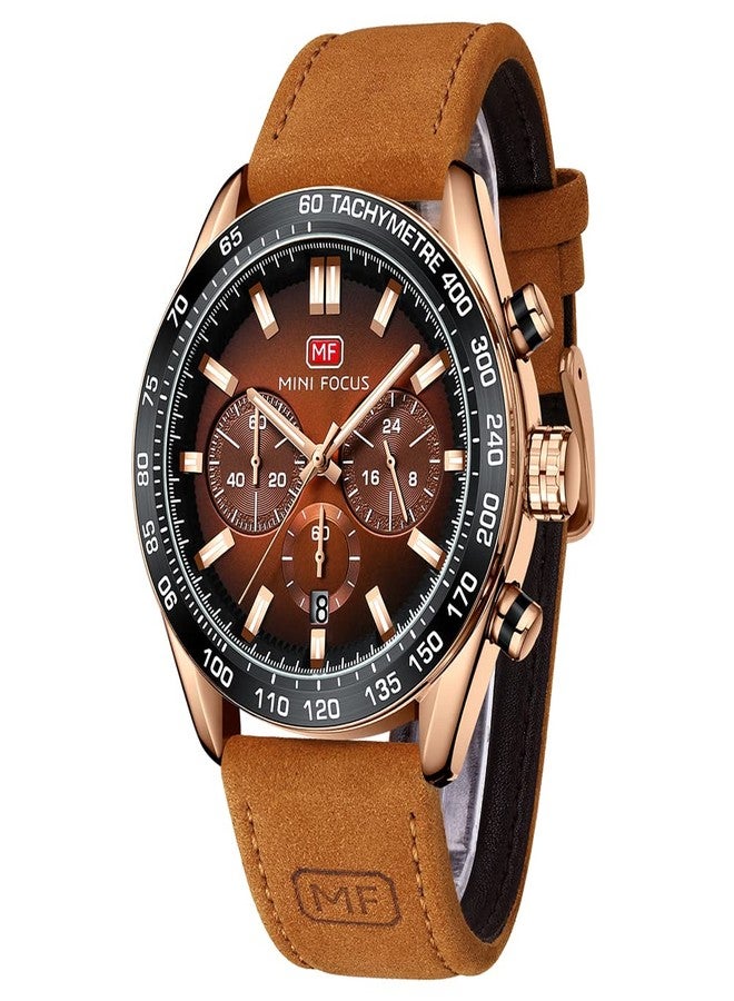 MF MINI FOCUS Men Watches Business Casual Wrist Watches (Multifunction/Waterproof/Luminous/Calendar) Genuine Leather Band Fashion Watch for Men, Brown-Golden, business casual fashion dress - Image 1