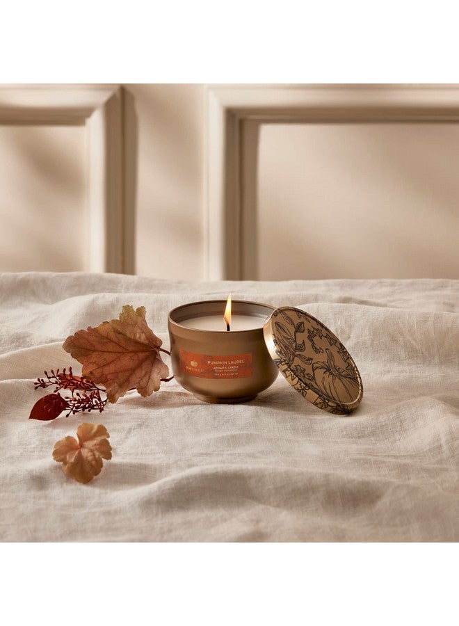 Thymes Scented Candles for Women & Men - Tin with Lid - Luxury Home Decor - Pumpkin Candles with Notes of Nutmeg, Cinnamon, Clove, & Orange Peel - Fall Decor (Pumpkin Laurel, 6.5 oz) - Image 2