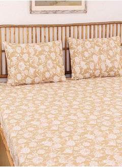 housethis 3-Piece Cotton Bedsheet Set Includes Genda Phool Bed Sheet (Beige) & 2 Pillow Covers (46x69cm) | Machine Washable | 144 Thread Count Bed Linen with Pillow Case  - Image 3