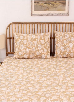 housethis 3-Piece Cotton Bedsheet Set Includes Genda Phool Bed Sheet (Beige) & 2 Pillow Covers (46x69cm) | Machine Washable | 144 Thread Count Bed Linen with Pillow Case  - Image 2