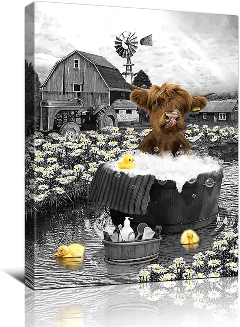 HANKCLES Highland Cow Bathroom Decor Wall Art Funny Bathroom Farm Cow Canvas Print Black And White Cow Bathroom Wall Decor Rubber Duck Cute Cow In Bathtub Wall Art Home Decor For Bathroom Bedroom 12x16 Inch - Image 1