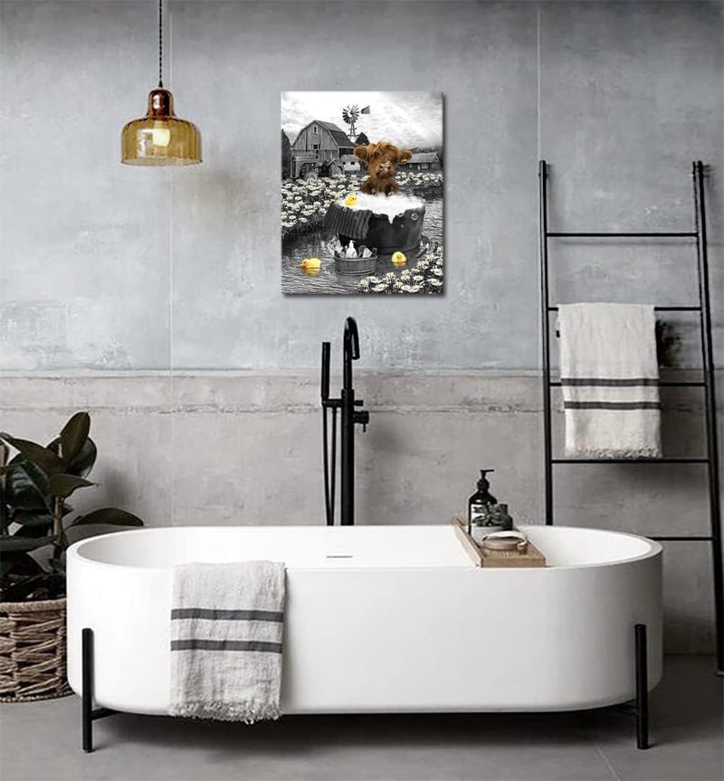 HANKCLES Highland Cow Bathroom Decor Wall Art Funny Bathroom Farm Cow Canvas Print Black And White Cow Bathroom Wall Decor Rubber Duck Cute Cow In Bathtub Wall Art Home Decor For Bathroom Bedroom 12x16 Inch - Image 3