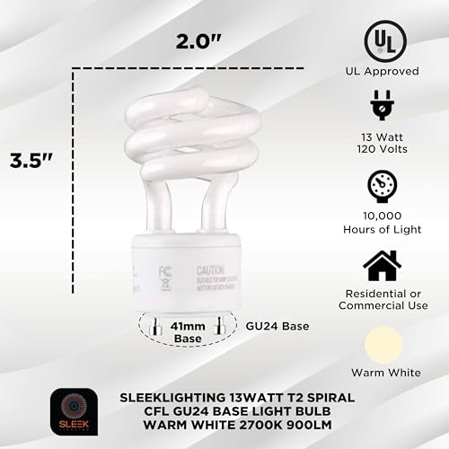 SLEEKLIGHTING 13Watt T2 Spiral CFL GU24 2 Prong Light Bulb Base 2700K 900lm -UL Approved 120v 60Hz Light Bulb- Mini Twist Lock Spiral -Self Ballasted Compact Fluorescent -Warm White Light 4pack - Image 2