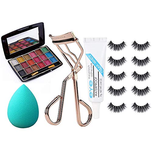 Adbeni False Eyelashes Set with Eyelash Curler, Makeup Puff, Mini Eyeshadow Palette and Strong Hold Lash Glue - 5 Pairs Natural Look Eyelashes, Lightweight & Comfortable Daily Makeup Kit (Pack of 5) - Image 1
