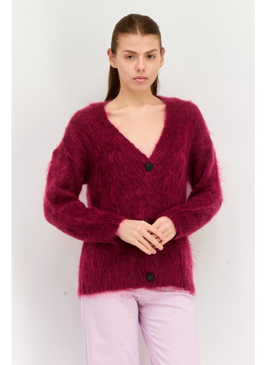 HUGO BOSS Women Knitted Button Detail Cardigan, Maroon  - Image 1