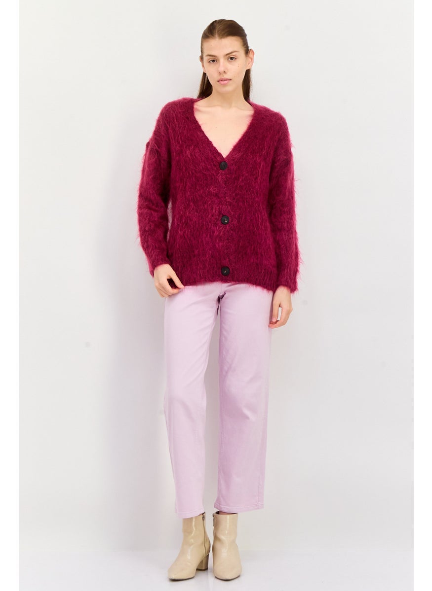 HUGO BOSS Women Knitted Button Detail Cardigan, Maroon  - Image 4