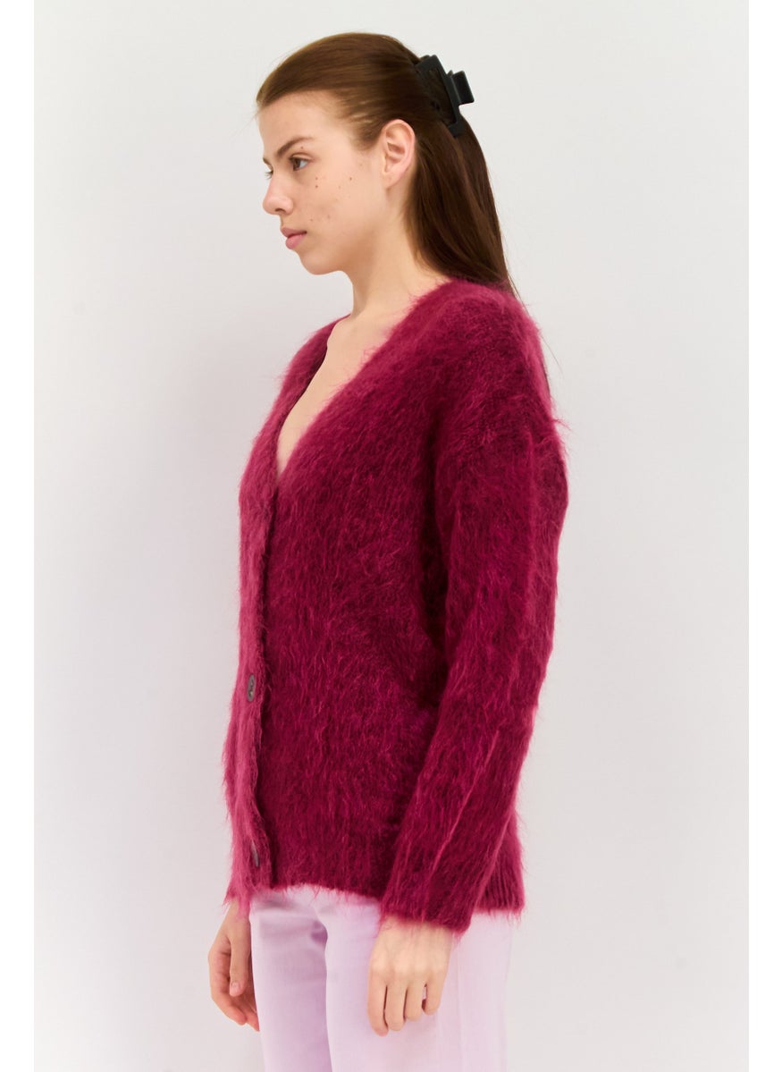 HUGO BOSS Women Knitted Button Detail Cardigan, Maroon  - Image 2