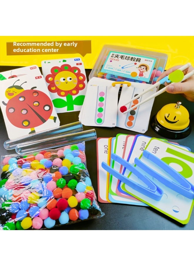 null - Montessori Early Education Hair Ball Teaching Aids Kidsren's Concentration Training Color Recognition Sorting Early Education Toys-Color:[deluxe Edition] 120 Hair Balls + 40 Question Cards (creative + Numbers + Test Tube Cards) + 2 Test Tubes + 1 Pair Of Chopsticks + 2 Tweezers + Snap Bell - Image 1