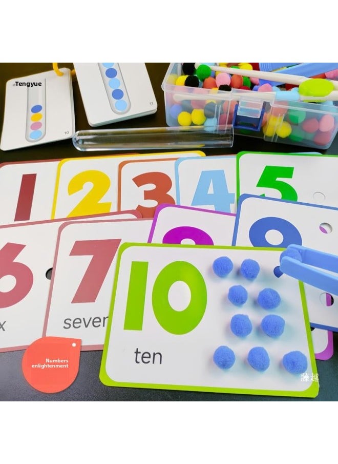 null - Montessori Early Education Hair Ball Teaching Aids Kidsren's Concentration Training Color Recognition Sorting Early Education Toys-Color:[deluxe Edition] 120 Hair Balls + 40 Question Cards (creative + Numbers + Test Tube Cards) + 2 Test Tubes + 1 Pair Of Chopsticks + 2 Tweezers + Snap Bell - Image 1