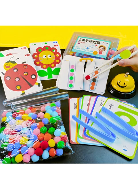 Montessori Early Education Hair Ball Teaching Aids Kidsren's Concentration Training Color Recognition Sorting Early Education Toys-Color:[deluxe Edition] 120 Hair Balls + 40 Question Cards (creative + Numbers + Test Tube Cards) + 2 Test Tubes + 1 Pair Of Chopsticks + 2 Tweezers + Snap Bell