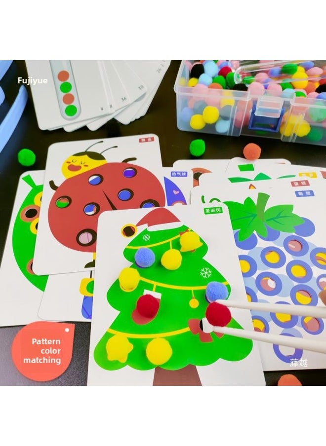 null - Montessori Early Education Hair Ball Teaching Aids Kidsren's Concentration Training Color Recognition Sorting Early Education Toys-Color:[deluxe Edition] 120 Hair Balls + 40 Question Cards (creative + Numbers + Test Tube Cards) + 2 Test Tubes + 1 Pair Of Chopsticks + 2 Tweezers + Snap Bell - Image 1