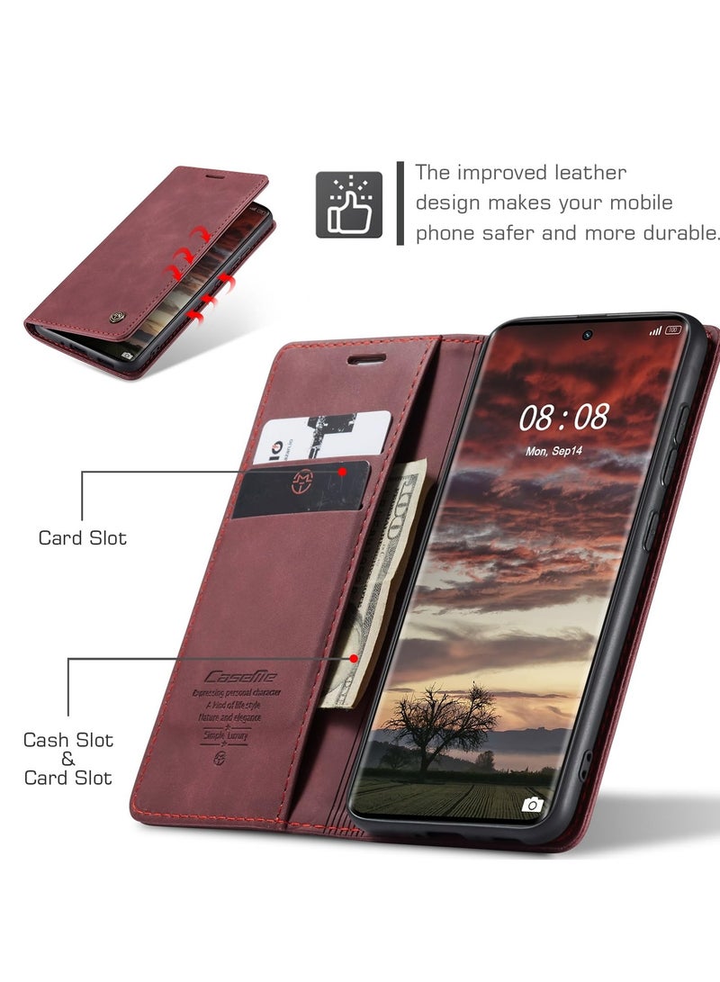 CaseMe Phone Case Luxury PU Leather Design 013 Flip Cover Card Slot Holder Cover For Honor X9B (Wine Red)  - Image 3