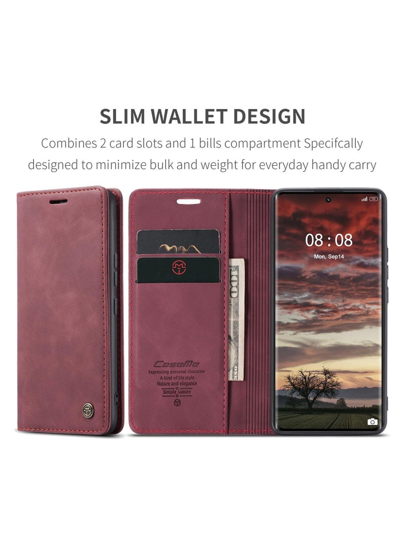 CaseMe Phone Case Luxury PU Leather Design 013 Flip Cover Card Slot Holder Cover For Honor X9B (Wine Red)  - Image 4