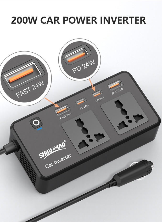 آي كي محول طاقة للسيارة 200 واط | من 12V إلى 220V | منفذان AC عالميان | 4 منافذ USB شحن سريع (PD و USB-A) | مناسب للاستخدام العائلي والسفر - Image 1