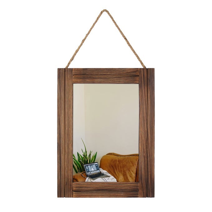 16 X 12 INCH RUSTIC WOOD FRAMED WALL MIRROR WITH HANGING ROPE FOR FARMHOUSE DECOR FOR ENTRYWAY BEDROOM BATHROOM DRESSER BROWN