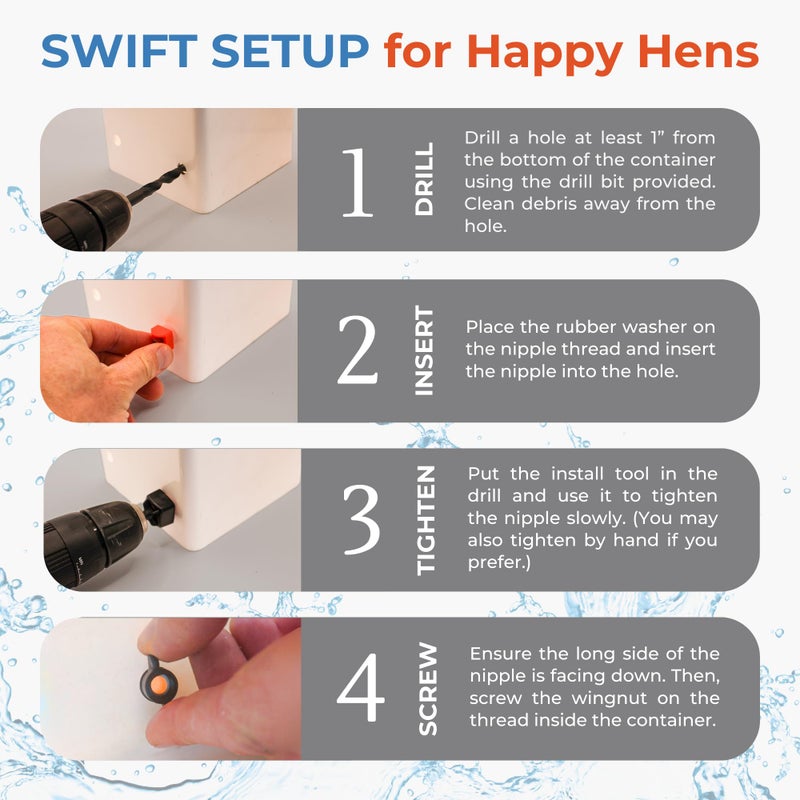 Lil'Clucker Horizontal Chicken Waterer Nipples, Pack of 15 Chicken Nipple Waterer with Drill Bits, Easy Install Automatic Chicken Waterer System, No Leak Chicken Water Feeder, Poultry Waterer - Orange - Image 5