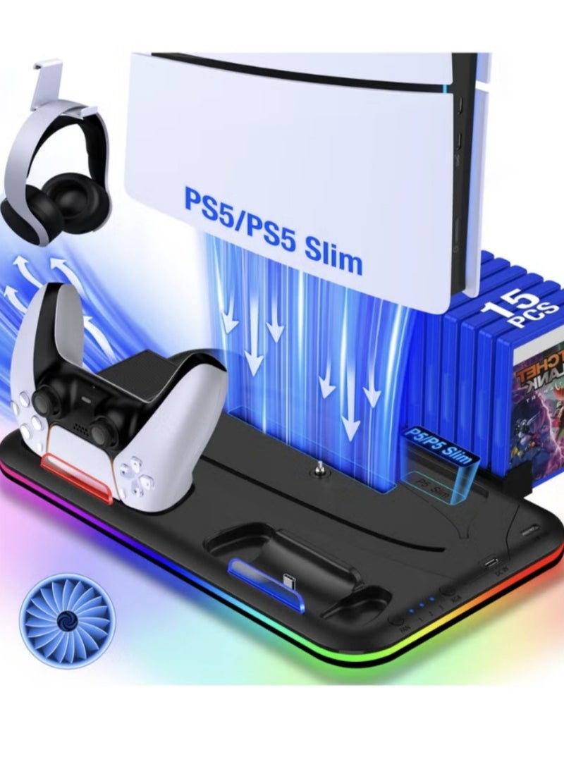 BEILINGDUN PS5 Pro/Slim/Ps5 Stand and Cooling Station with RGB LED Charging Station for PS5 Console Cooling Dock with Cooling Fan and Dual PS5 Controller Charger Headset Holder Game Slot - Image 1