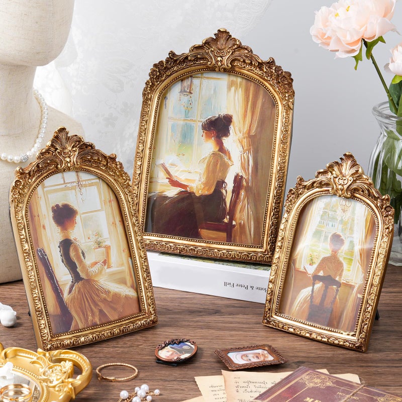 linastu 3 Pcs Vintage Picture Frames Antique Set, Ornate Gold Baroque Photo Frames with Real Glass for Tabletop and Wall Mount Ornate, Retro Home Decor and Wall Art (4x6, 5x7, 6x8) - Image 1