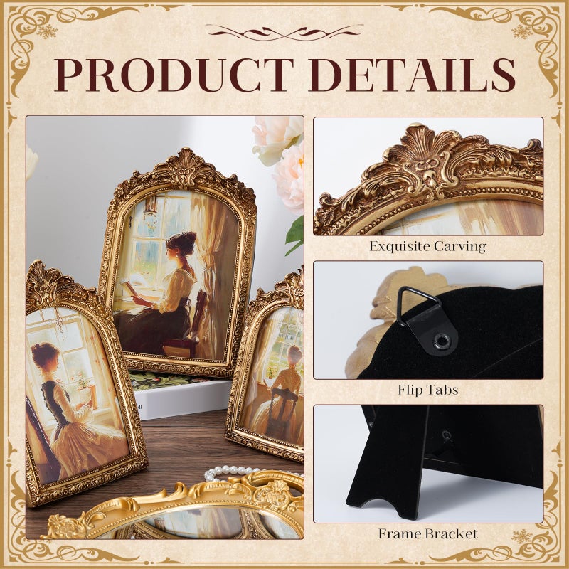 linastu 3 Pcs Vintage Picture Frames Antique Set, Ornate Gold Baroque Photo Frames with Real Glass for Tabletop and Wall Mount Ornate, Retro Home Decor and Wall Art (4x6, 5x7, 6x8) - Image 3