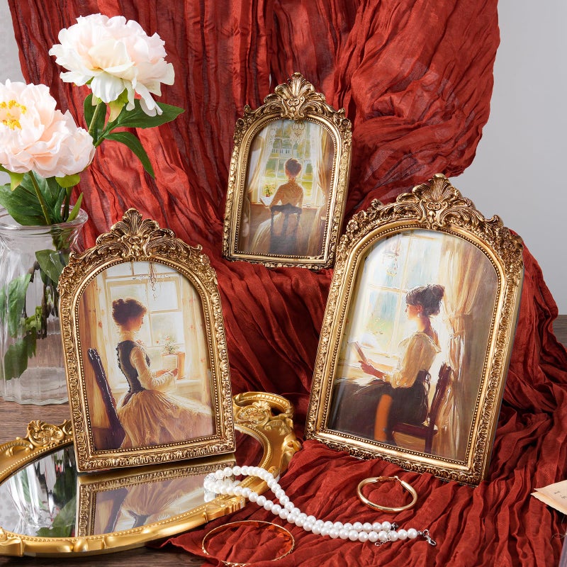 linastu 3 Pcs Vintage Picture Frames Antique Set, Ornate Gold Baroque Photo Frames with Real Glass for Tabletop and Wall Mount Ornate, Retro Home Decor and Wall Art (4x6, 5x7, 6x8) - Image 5