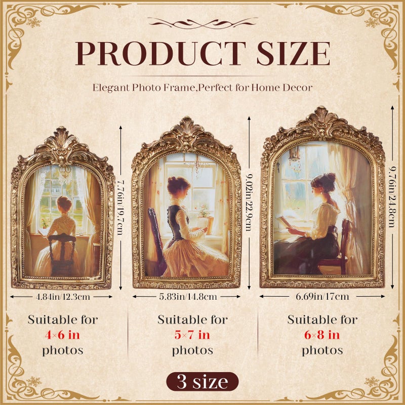 linastu 3 Pcs Vintage Picture Frames Antique Set, Ornate Gold Baroque Photo Frames with Real Glass for Tabletop and Wall Mount Ornate, Retro Home Decor and Wall Art (4x6, 5x7, 6x8) - Image 2