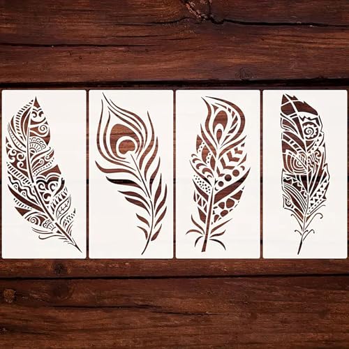 Cliths 4pcs Mandala Feather Stencil Templates for Painting – Reusable Plastic Leaf Feather Design Craft Stencils for Wood, Fabric, Walls Art (12x6IN) - Image 1