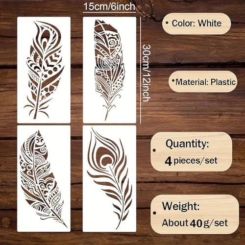 Cliths 4pcs Mandala Feather Stencil Templates for Painting – Reusable Plastic Leaf Feather Design Craft Stencils for Wood, Fabric, Walls Art (12x6IN) - Image 2