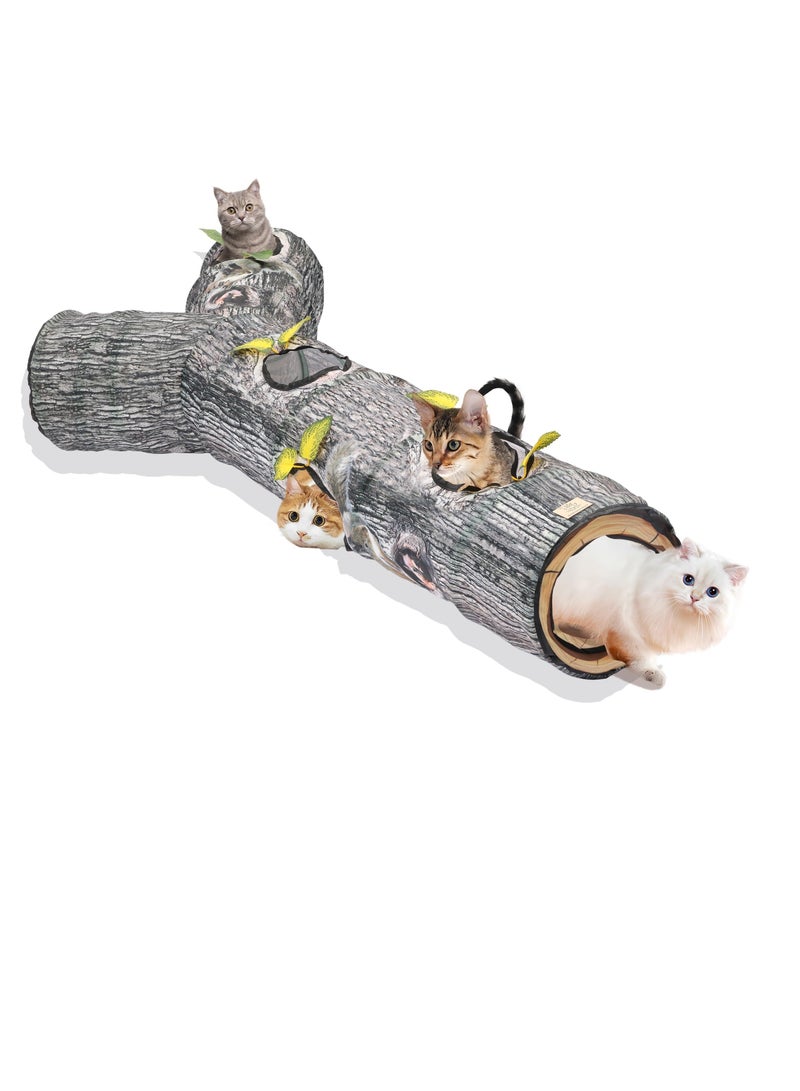 Cat Tunnels Collapsible Pet Tube, Interactive Tree Trunk Cat Activity Play Tunnels with Peek Holes Plush Bell Toys, Cat Play Tunnel Toy for Indoor Exercise, Tree Designs Cats Gift, L - Image 1