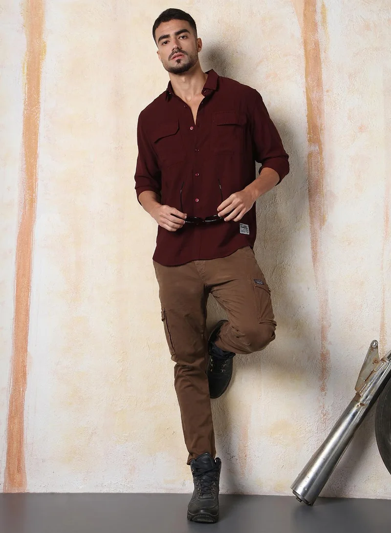 HIGH STAR Men Relaxed Fit Spread Collar Double Flap pocket utility Solid Textured Casual Shirt